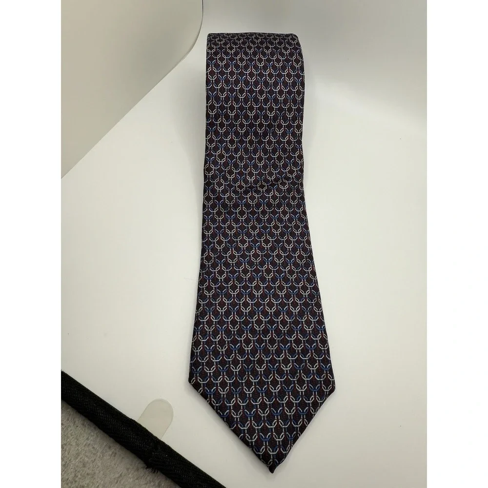 Alberto Zaffra Silk Tie USA Made Burgundy Navy Geometric‎ Chain Pattern 56.5